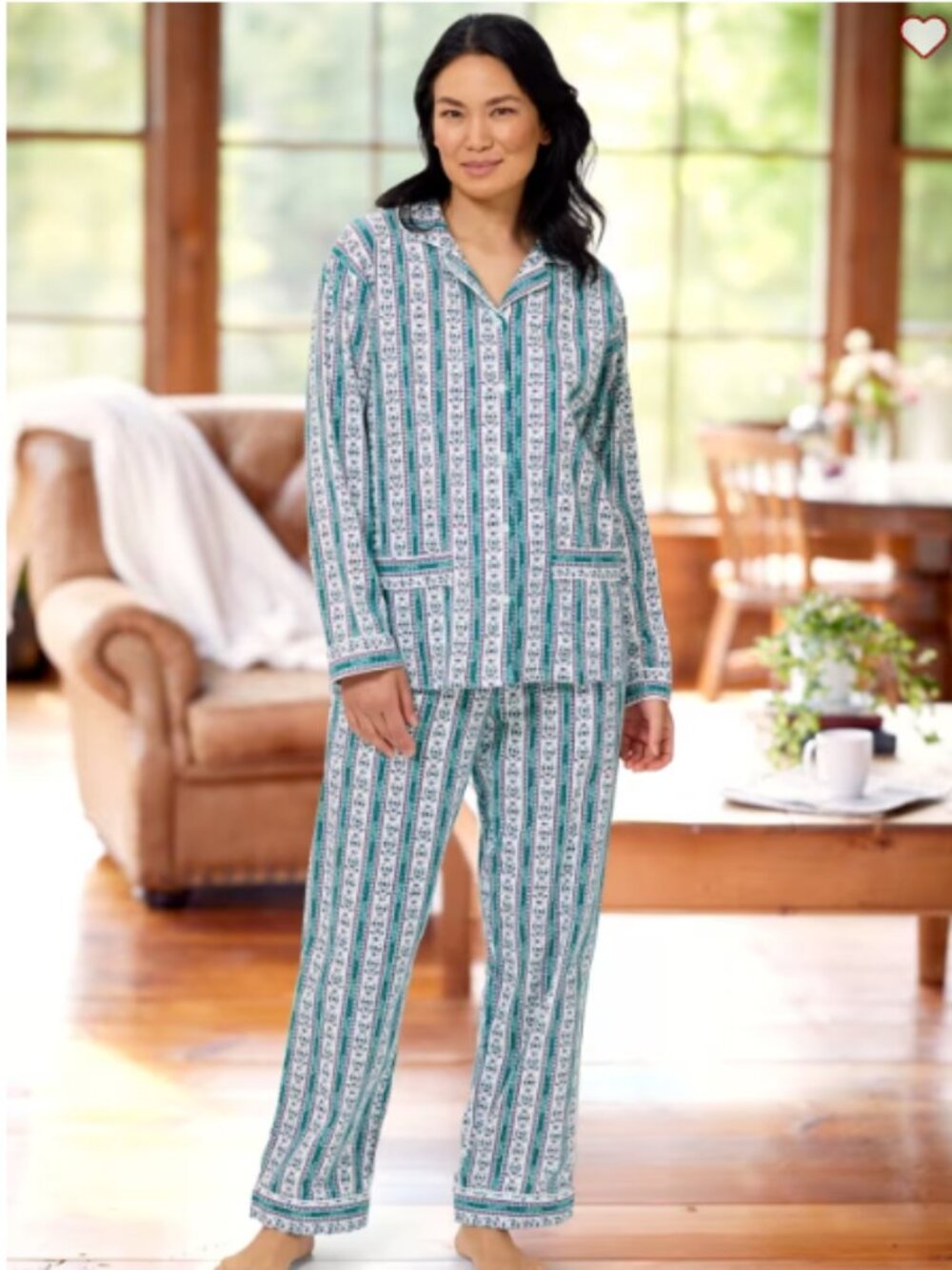 NEW Lanz Classic Cotton Flannel Tyrolean Pajama Set in Teal Stripe Small